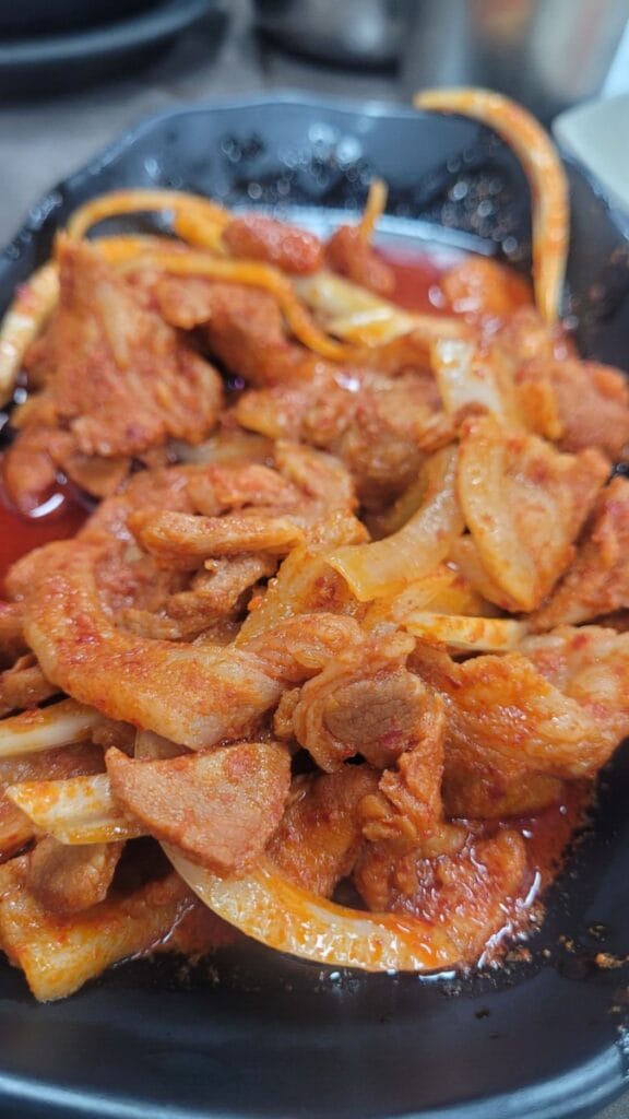 Korean jeyuk spicy stir-fried pork on a plate