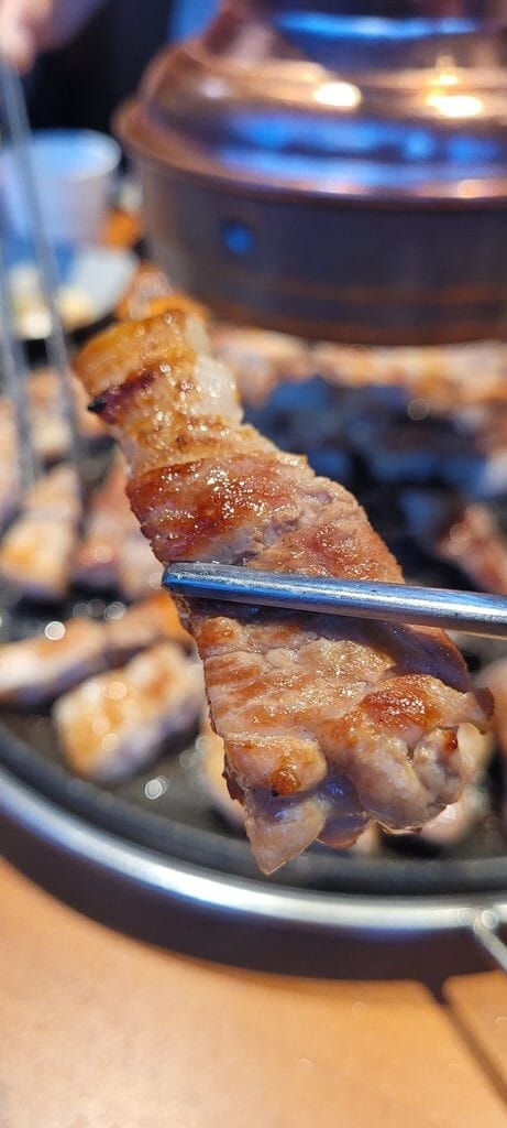 Samgyeopsal, Korean pork belly grilling at the table
