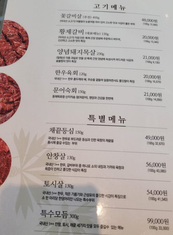 Korean restaurant menu printing the price per 100 grams beside every cut
