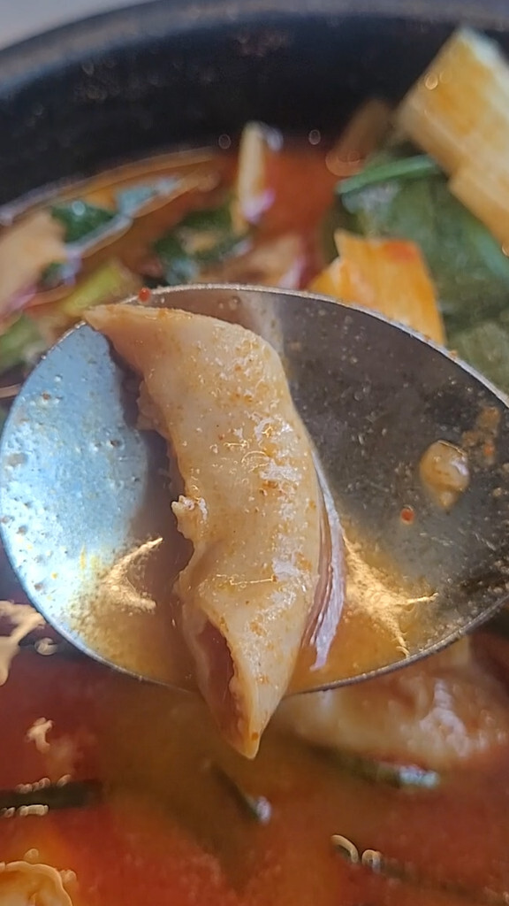A piece of beef tripe lifted from the soup, showing its grain