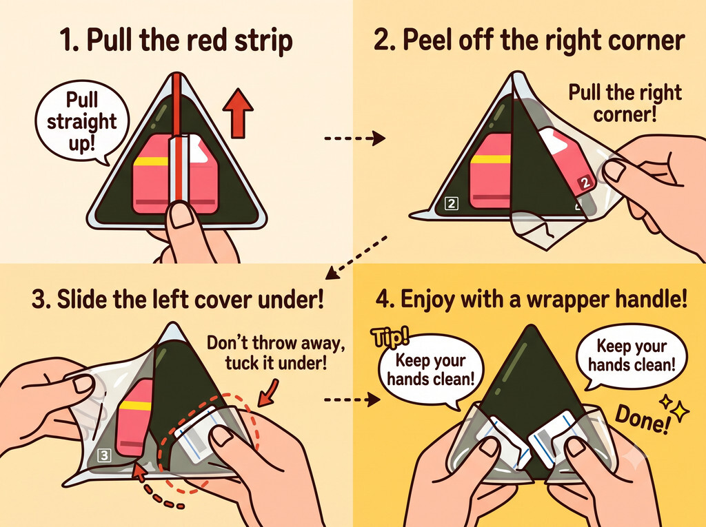 Four steps to open samgak gimbap, a Korean convenience store rice triangle